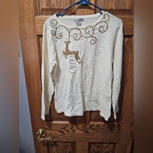 Gold Embellished Cream Long Sleeve Top